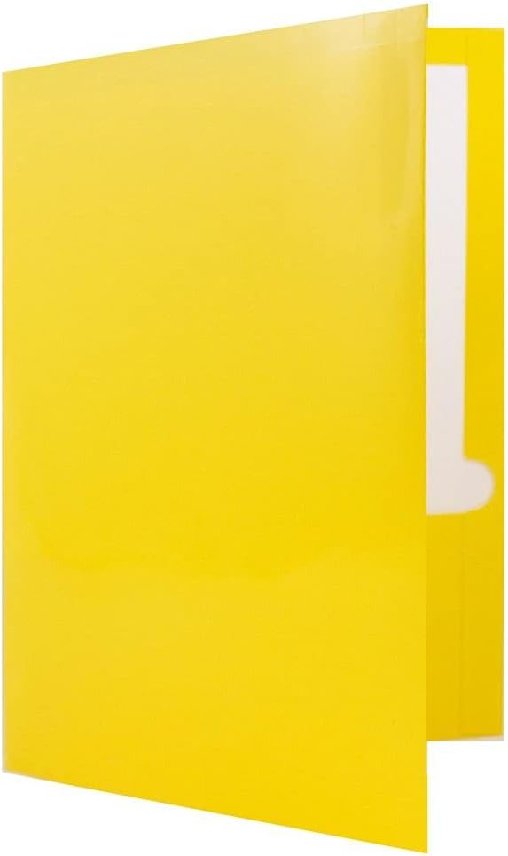 JAM PAPER Laminated Two Pocket Glossy 3 Hole Punch School Folders - Letter Size - High Gloss Yellow - 6/Pack
