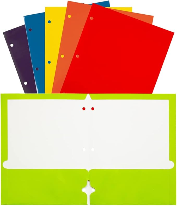 JAM PAPER Laminated Two Pocket Glossy 3 Hole Punch School Folders - Letter Size - High Gloss Assorted Primary Colors - 6/Pack