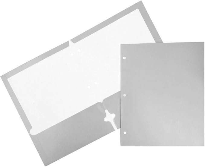 JAM PAPER Laminated Two Pocket Glossy 3 Hole Punch School Folders - Silver - 3/Pack