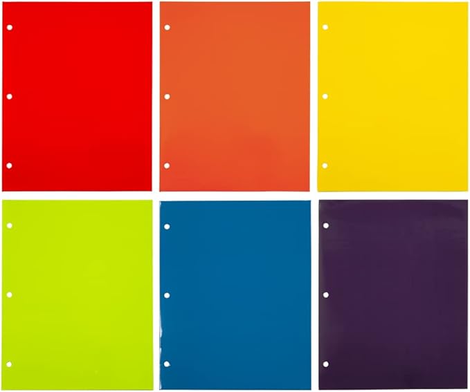 JAM PAPER Laminated Two Pocket Glossy 3 Hole Punch School Folders - Letter Size - High Gloss Assorted Primary Colors - 6/Pack