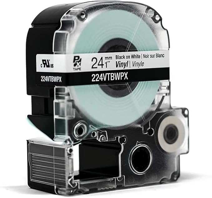 Epson LABELWORKS 224VTBWPX-5PK Genuine Tape Cartridge - 5 Unit Pack of Black on White Flexible and Durable Vinyl Industrial Label Maker Tape - 1" (24MM) Wide, 22.9 ft - 5 Pack
