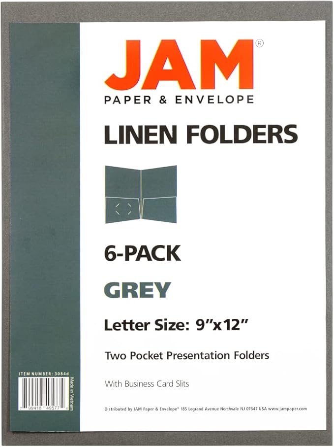 JAM PAPER Two Pocket Textured Linen Presentation Folders - Letter Size Business Folder - Gray - Bulk 25/Pack