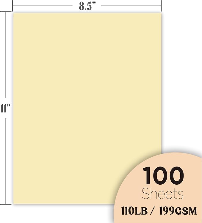 Ivory Colored Cardstock Paper, 110lb/199gsm Heavy Cardstock, Colored Multi-Purpose paper, 8.5" x 11" 100 Sheets (1 Reams) Computer Paper, Made in USA
