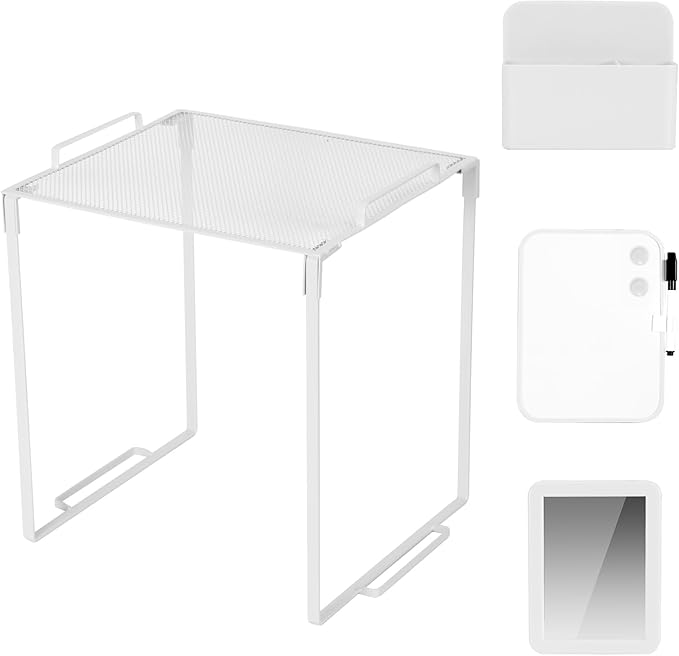 Locker Organizer Accessories Decorating Kit, Metal Mesh Locker Shelf, Magnetic Pen Holder,Mirror,Whiteboard, Markers, Magnets,Suitable for School,Work,Office,Gym (1pack-White)