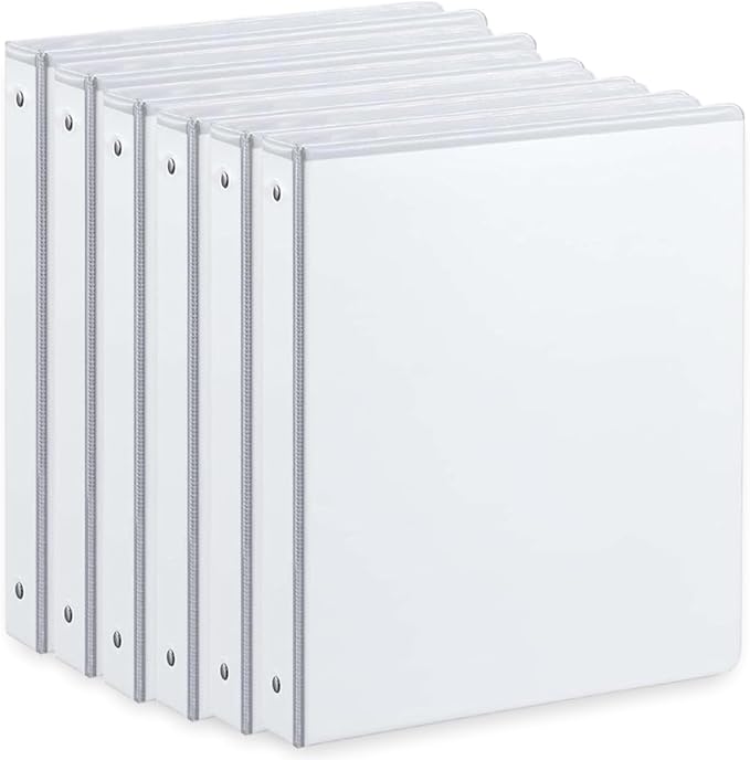 1 Inch Binders 3 Ring, with 2 Interior Pockets,Holds 200 Sheets Letter Size Paper,Resistant,PVC Free,White Three Round Ring Binders for Office, Home, and School Use,White Color,6 Pack