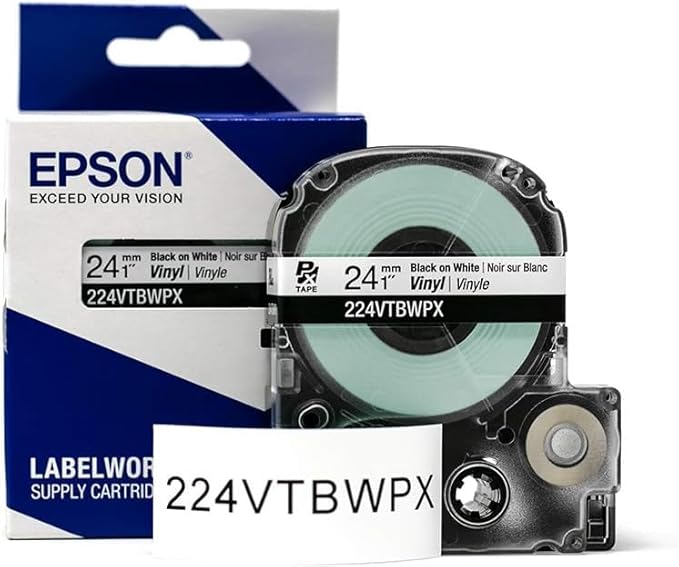 Epson LABELWORKS 224VTBWPX-5PK Genuine Tape Cartridge - 5 Unit Pack of Black on White Flexible and Durable Vinyl Industrial Label Maker Tape - 1" (24MM) Wide, 22.9 ft - 5 Pack