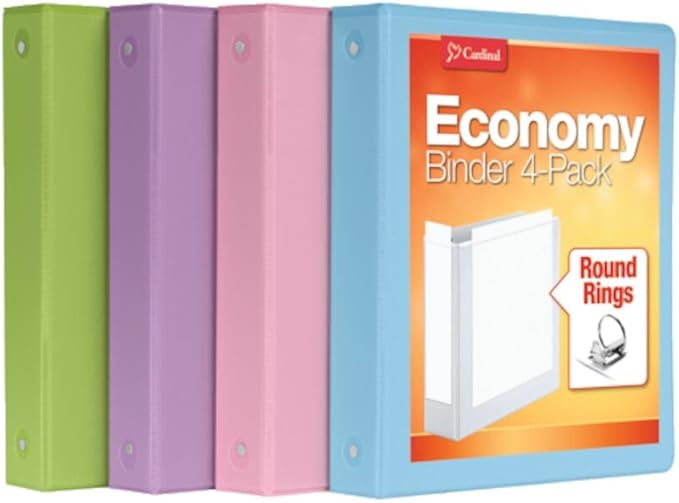 Cardinal 3 Ring Binders, Binders for School and Office, Durable 1.5 Inch, Round Rings, Holds 350 Sheets, ClearVue Presentation View, Non-Stick, Assorted Pastel Colors, 4 Pack (79552)