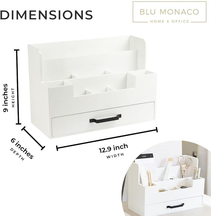 BLU MONACO White Wooden Desk Organizer with Drawer – Office Desk Caddy for Supplies and Accessories – Stylish Desktop Storage for Women
