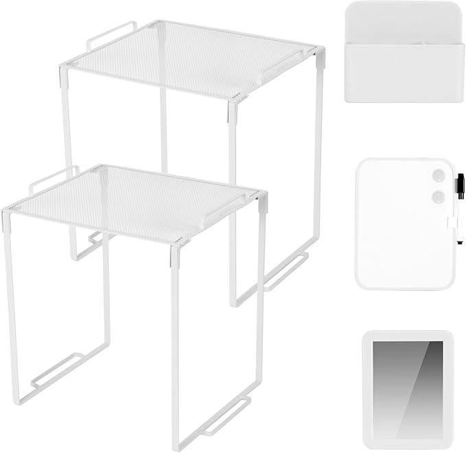 Locker Organizer Accessories Decorating Kit, Metal Mesh Locker Shelf, Magnetic Pen Holder,Mirror,Whiteboard, Markers, Magnets,Suitable for School,Work,Office,Gym (2pack-White)