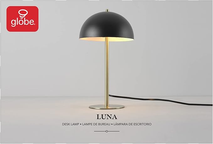 GLOBE Electric 52938 15" Desk Lamp, Matte Black Shade, Brass Accents, in-Line On/Off Rocker Switch, Modern Lighting for Bedroom, Office, Home Decor, E26 Base, Bulb Not Included, Timeless Lights