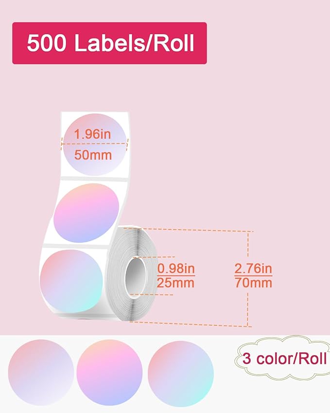 2 inch Round Thermal Labels, Direct Thermal Stickers use for Barcode, Shipping, Customized, Circle Direct Thermal Printer Labels 500 PCS/Roll, Pink