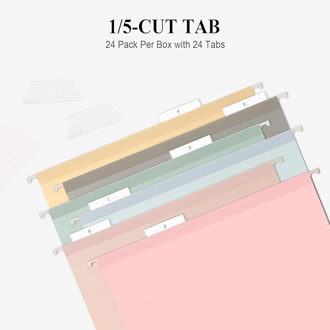 ViVin Hanging File Folders, 1/5-Cut Adjustable Tabs with 24 Per Box, 2 Inch Expansion, 24 Pack Letter Size Hanging File Folders, Designed for Office Home School Filing Cabinet(Assorted)