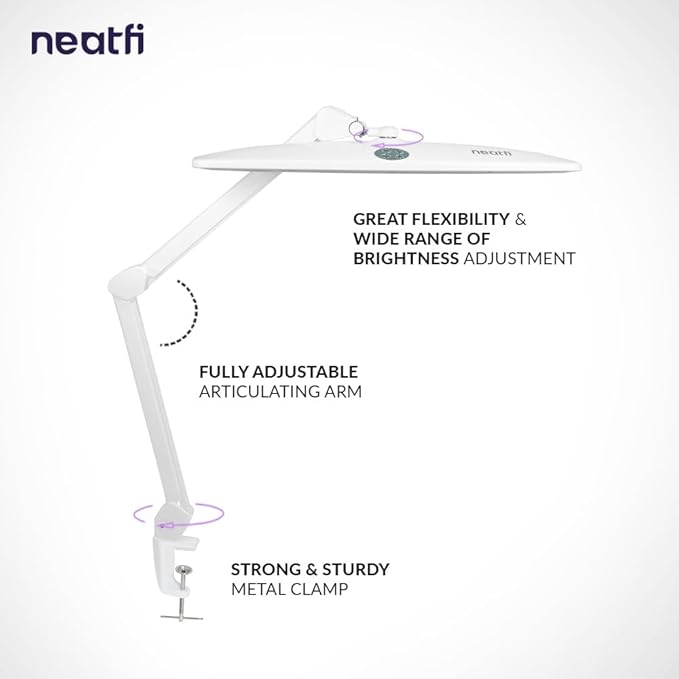 Neatfi Elite HD XL Task Lamp, 3 Adjustable Light Modes, 22 Inches Wide, 2260 Lumens, 84PCS SMD LED, Super Bright Desk Light, Non-Polar Dimming (CCT with Clamp, White)