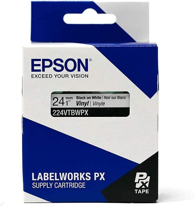 Epson LABELWORKS 224VTBWPX-5PK Genuine Tape Cartridge - 5 Unit Pack of Black on White Flexible and Durable Vinyl Industrial Label Maker Tape - 1" (24MM) Wide, 22.9 ft - 5 Pack