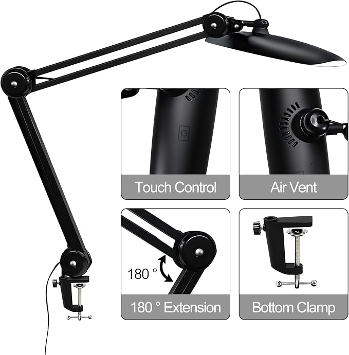 182 LEDs Desk Lamps for Home Office, 20” Overhead Bright Lumens 24W Metal Eye-Caring Nail Desk Light for Reading Work Craft Sewing Task Workbench, Black