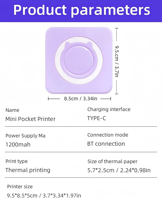 Mini Thermal Printer with 14 Rolls Sticky Papers, Wireless Bluetooth Photo Printer, Portable Label Maker Machine with Tape, Small Compact Picture Maker for Student Kid, Purple
