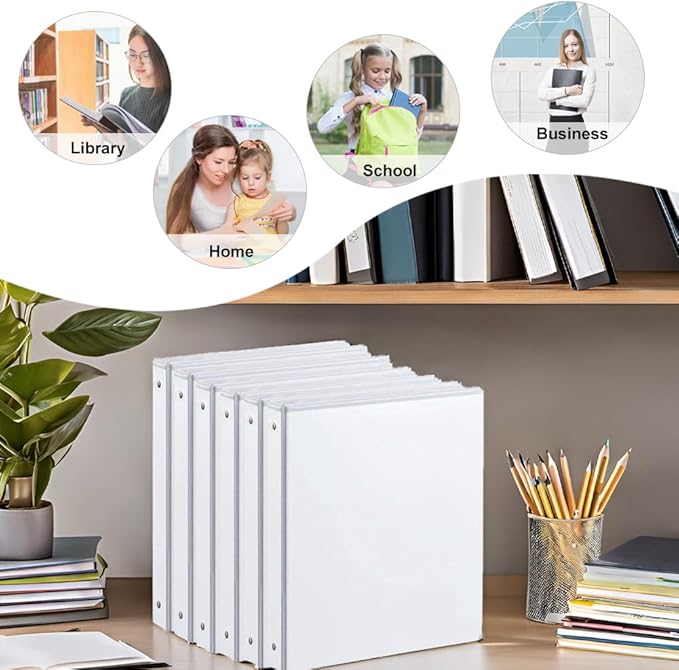 1 Inch Binders 3 Ring, with 2 Interior Pockets,Holds 200 Sheets Letter Size Paper,Resistant,PVC Free,White Three Round Ring Binders for Office, Home, and School Use,White Color,6 Pack