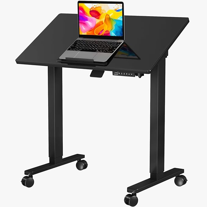 Glass Standing Desk,35inch Whole Piece Rolling Sit Stand Table with Wheels,90° Tiltable Mobile Rising Height Adjustable,Foldable Top Suit for Small Laptop,Black