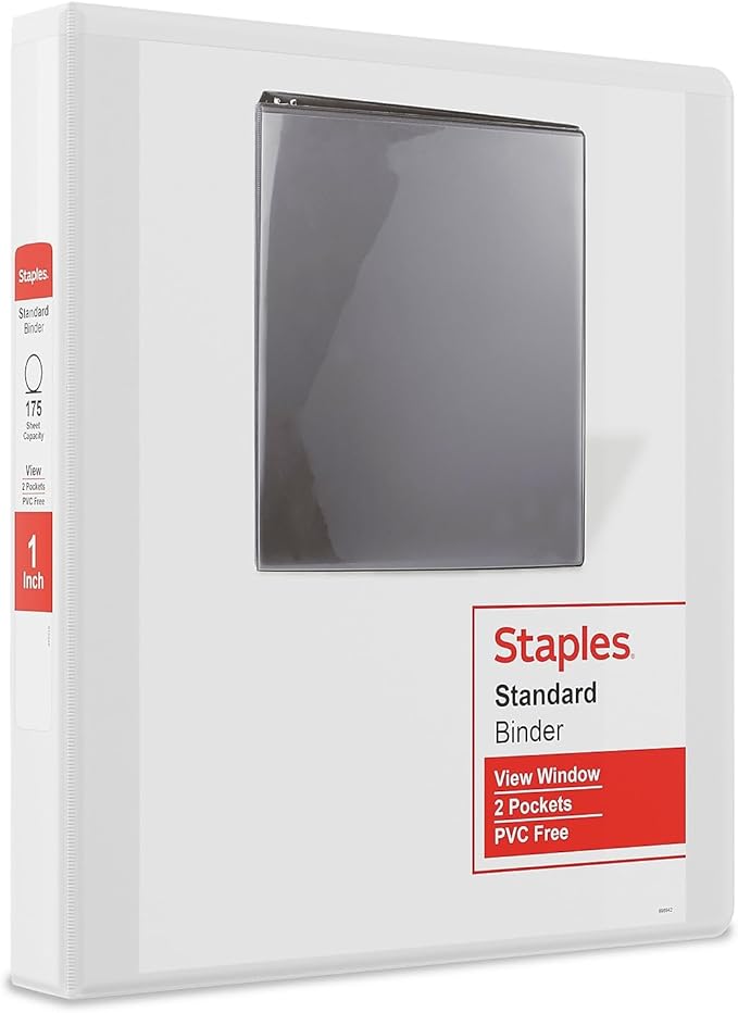 Staples 3-Ring Binder, 1 Inch D-Ring Organizer for Home, Office, School, Holds up to 220-Sheets, 12-Pack, White