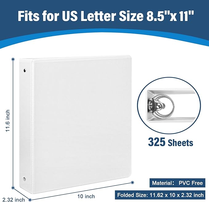 1.5-Inch 3-Ring Binder with Pockets, 1-1/2’’ Premium View Binders with Three Ring Binders Holds up to 325 Sheets US Letter Size, Bulk Pack of 6, Perfect for Home, Office, and School (1.5-inch) White