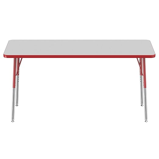Factory Direct Partners FDP Rectangle Activity School and Office Table (24 x 60 inch), Standard Legs with Swivel Glides, Adjustable Height 19-30 inches - Gray Top and Red Edge