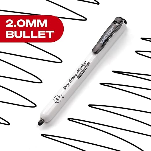 WRITECH Retractable Dry Erase Markers: Fine Point Clickable Black Colored Ink Marker Low Odor Erasable Thin Tip Refillable Whiteboard Marker Pen Set 12ct No Bleed Smear