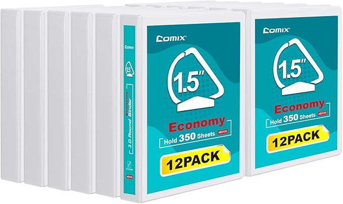 COMIX 3 Ring Binder,1.5 inch Slant-D Clear View Cover with Pockets, Holds 350 Sheets of US Letter Size Paper, White Binder for School Office and Home, 12 Pack