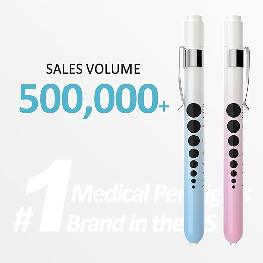 CAVN Pen Light with Pupil Gauge LED Penlight for Nurses Doctors, 2 Pcs Reusable Medical Penlight for Nursing Students, Gradient Pink and Blue
