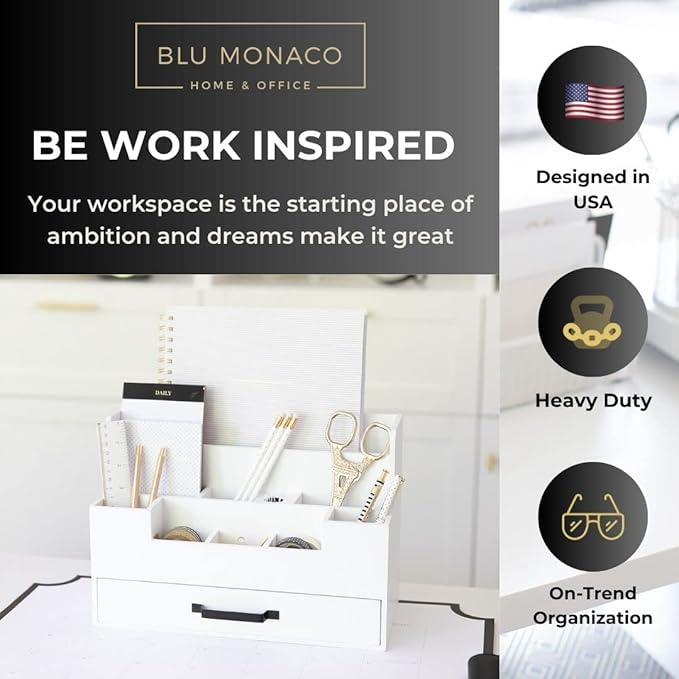 BLU MONACO White Wooden Desk Organizer with Drawer – Office Desk Caddy for Supplies and Accessories – Stylish Desktop Storage for Women