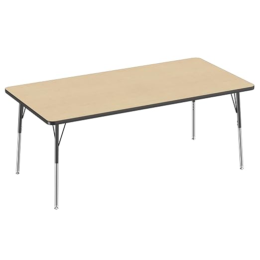 FDP Rectangle Activity School and Office Table (36 x 72 inch), Standard Legs with Swivel Glides, Adjustable Height 19-30 inches - Maple Top and Black Edge