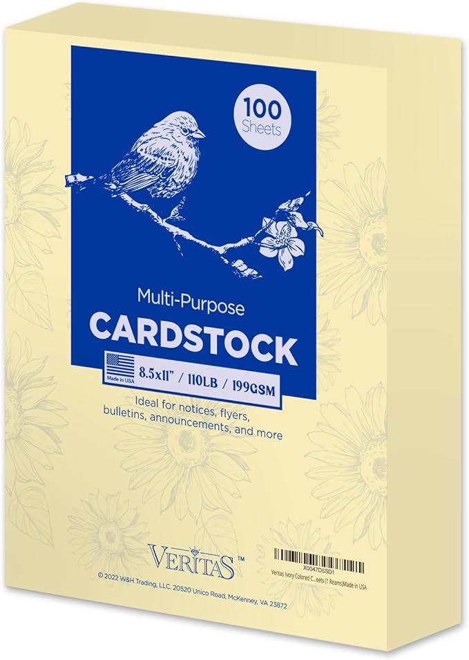 Ivory Colored Cardstock Paper, 110lb/199gsm Heavy Cardstock, Colored Multi-Purpose paper, 8.5" x 11" 100 Sheets (1 Reams) Computer Paper, Made in USA