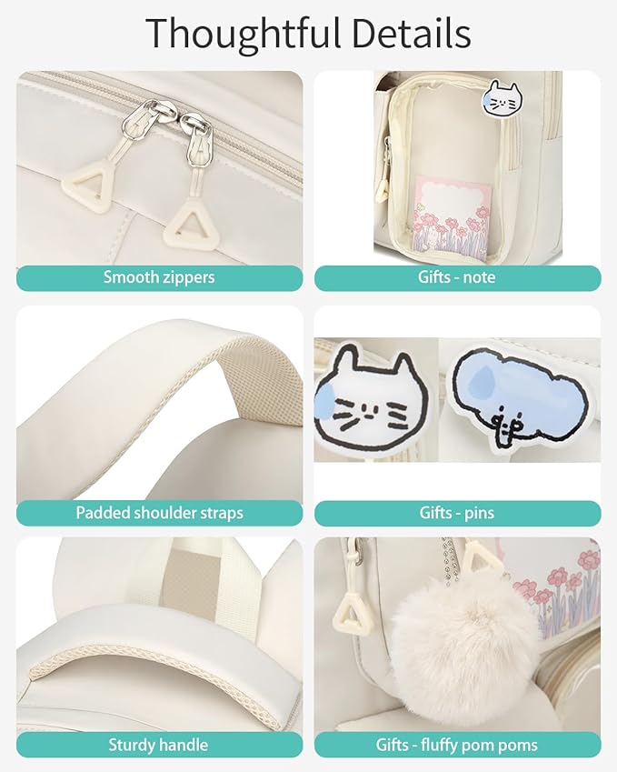 Backpack for Teen Girls, Cute Aesthetic School Backpacks with Accessories for Middle High School Students, Designer Backpack for Kids Bookbag, Beige