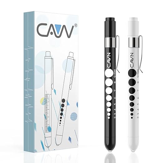 CAVN Pen Light with Pupil Gauge LED Penlight for Nurses Doctors, 2 Pcs Reusable Medical Penlight for Nursing Students (Black/White)