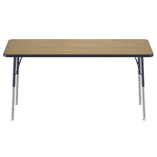 FDP Rectangle (24 x 60 inch) Classroom Table with Adjustable Standard Swivel Glide Legs (19-30 in); School and Office Furniture - Pasadena Oak Top/Navy Edge and Legs