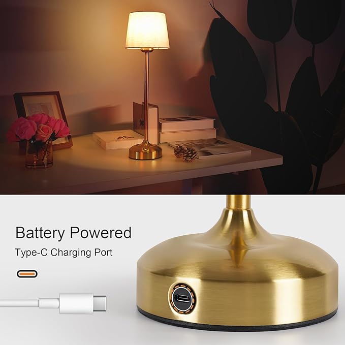 YAYZA! Cordless Table Lamp Adjustable Height Desk lamp, Fabric Shade 7500mAh Rechargeable LED Wireless Touch Night Light Stepless Dimming, 3 Color Temperatures with Edison Bulb (High Gold - 2 Pack)