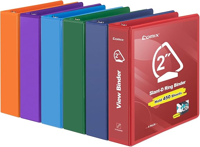 COMIX Sturdy 3 Ring Binder 2 inch with Clear View Cover, 2" Slant-D Ring View Binder Holds 500 Sheets of US Letter Size Paper, 6 Pack (Multicolored)
