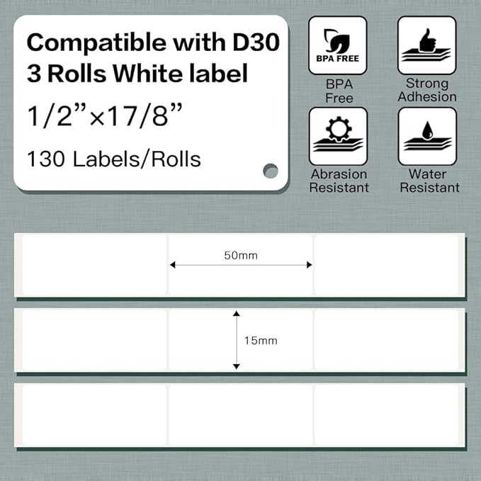 Phomemo D30 Label Tape, self-Adhesive Labels, 1/2" X 1 7/8" (14mm X 50mm) 130 Labels/Roll, Compatible with D30 Label Maker, Phomemo Sticker Label Paper,White,3 Roll