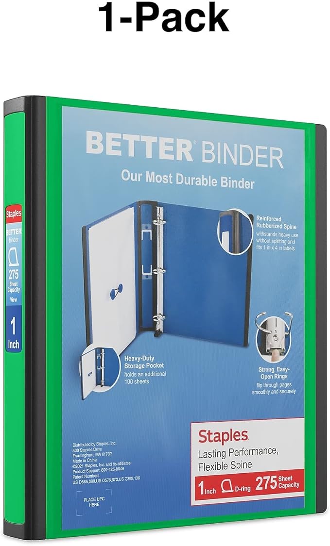 STAPLES 827602 Better 1-Inch D 3-Ring View Binder Green (19063)
