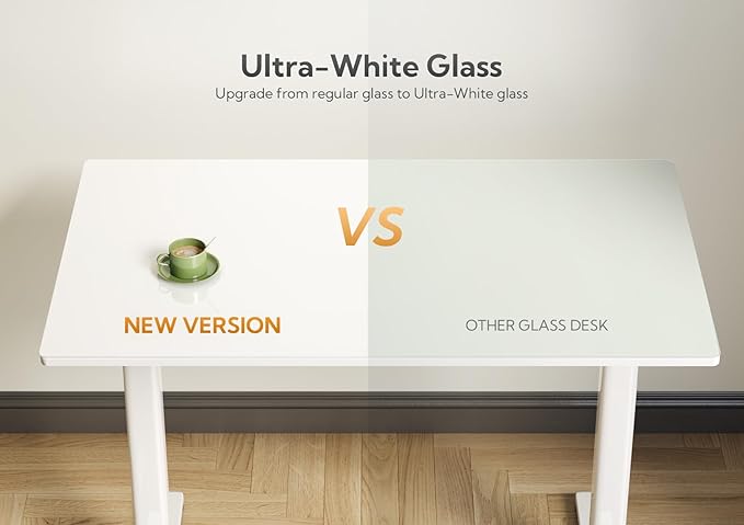 Claiks Glass Standing Desk, 40x24 Inch Small White Stand Up Desk Electric Adjustable Height Quick Install Computer Desk for Home Office, Super White