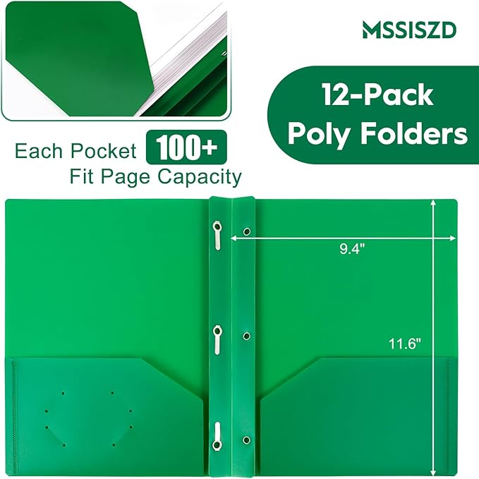 2-Pocket Folders with 3 Prongs,12-Pack Plastic Folders with Pockets and Prong Holds Letter Size Paper, Plastic Pockets Folder for School, Office and Home, Green