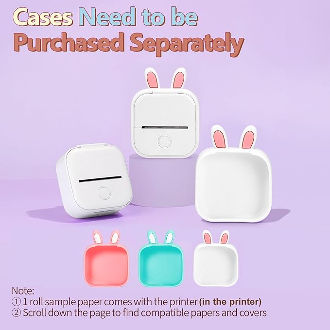 Memoking Mini Portable Printer - T02 Inkless Pocket Thermal Sticker Maker Mini Sticker Printer Mobile Label Maker for Student, Gift, White (Bunny Case Not Included)
