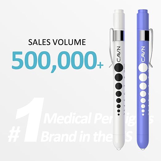 CAVN Pen Light with Pupil Gauge LED Penlight for Nurses Doctors, 2 Pcs Reusable Medical Penlight for Nursing Students (White/Bluish Purple)