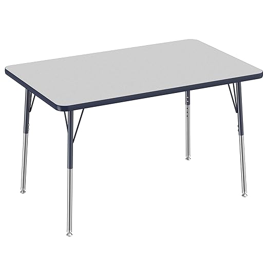 FDP Rectangle Activity School and Office Table (30 x 48 inch), Standard Legs with Swivel Glides, Adjustable Height 19-30 inches - Gray Top and Navy Edge