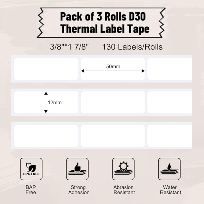 Phomemo D30 Label Tape, for D30 D35 Q30 Q30S Q31 Q32 Label Maker, Black on White Sticker Thermal Paper Self-Adhesive, 12 x 50mm (3/8 x 17/8) 130 Tapes/Roll, 3-Roll