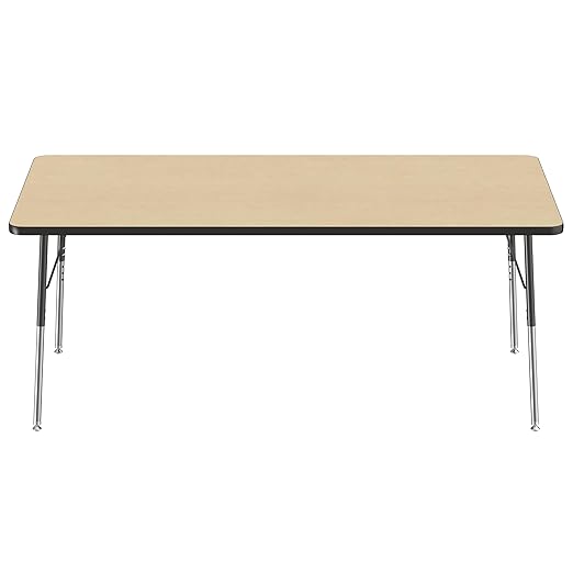 FDP Rectangle Activity School and Office Table (36 x 72 inch), Standard Legs with Swivel Glides, Adjustable Height 19-30 inches - Maple Top and Black Edge