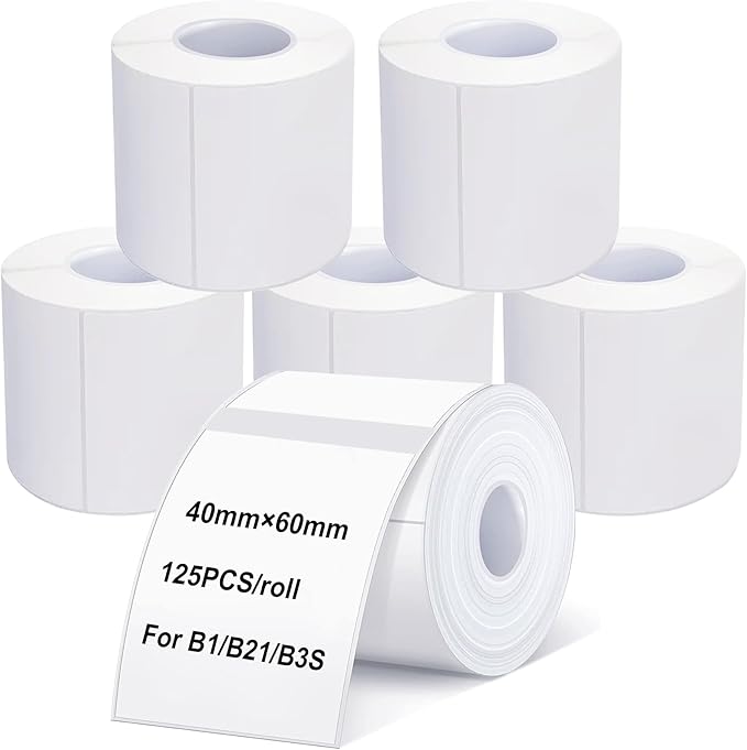 Labels Tape, 6 Rolls(750PCS) Thermal Label Sticker for B21/B3S/B1 Printer Waterproof Sticker Paper Business Shipping Address Labeling Replacement with Self-Adhesive (40 x 60mm-125PCS)