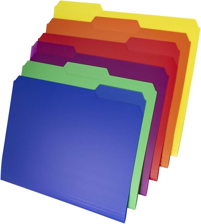 Dunwell Plastic Colored File Folders (12 Pack), 1/3 Tab Filing Folders for 8.5x11 Letter Size Documents, Assorted Colors, Acid-Free Poly, Includes Labels