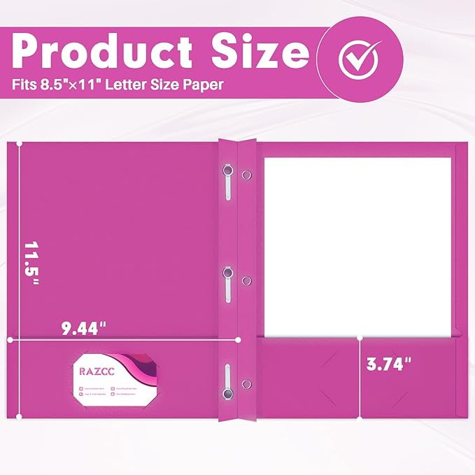 Two Pocket Folders, RAZCC 50 Pack Two Pocket Folders with Prongs, 3 Prong Folders Fit Letter Size Paper, Pocket File Folders for School Office Home Business, Rose Purple