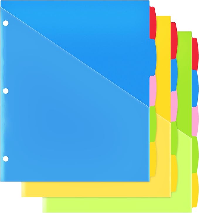 5 Tabs Plastic Dividers with Clear Front Pocket - 3 Sets, Pocket Dividers for 3 Ring Binder, Multi-Color Binder Dividers, Total 15 Tabs