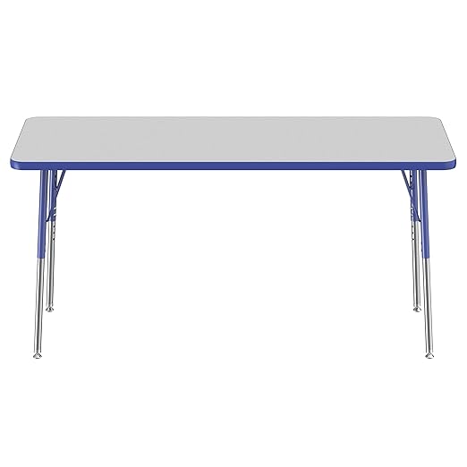 Factory Direct Partners FDP Rectangle Activity School and Office Table (24 x 60 inch), Standard Legs with Swivel Glides, Adjustable Height 19-30 inches - Gray Top and Blue Edge